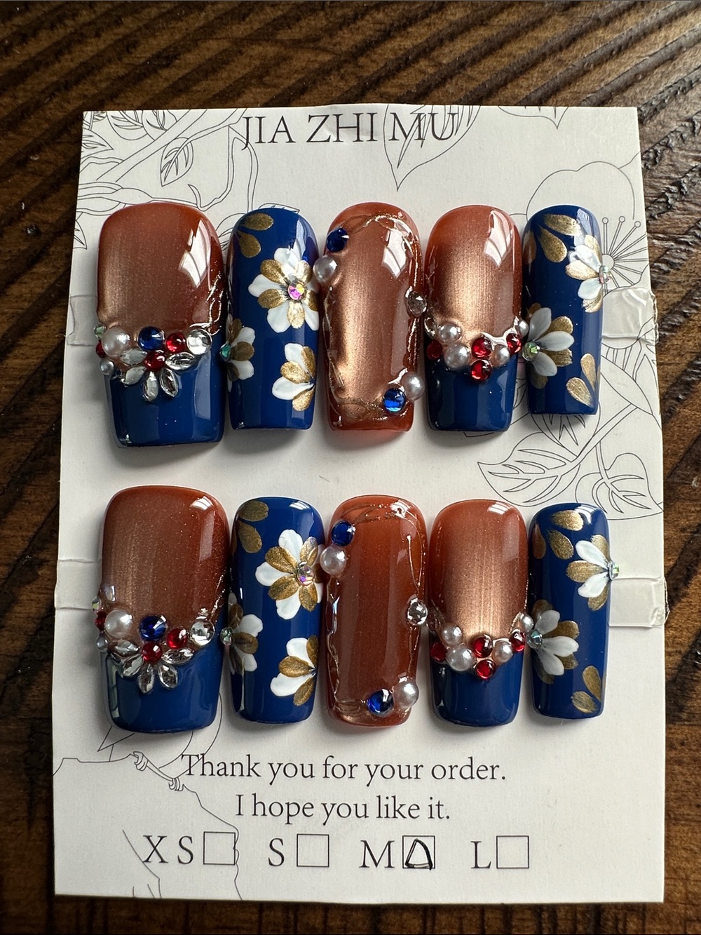 Jia Zhi Mu Blue & Copper Floral Rhinestone Press-On Nails